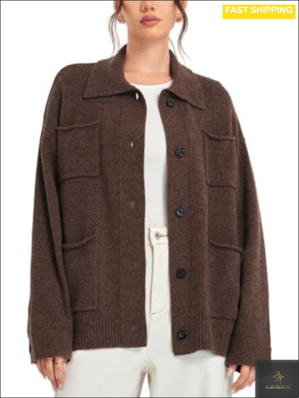 Wool Blend Cardigan Button Front Shacket 4 Pocket Chunky Knit Women